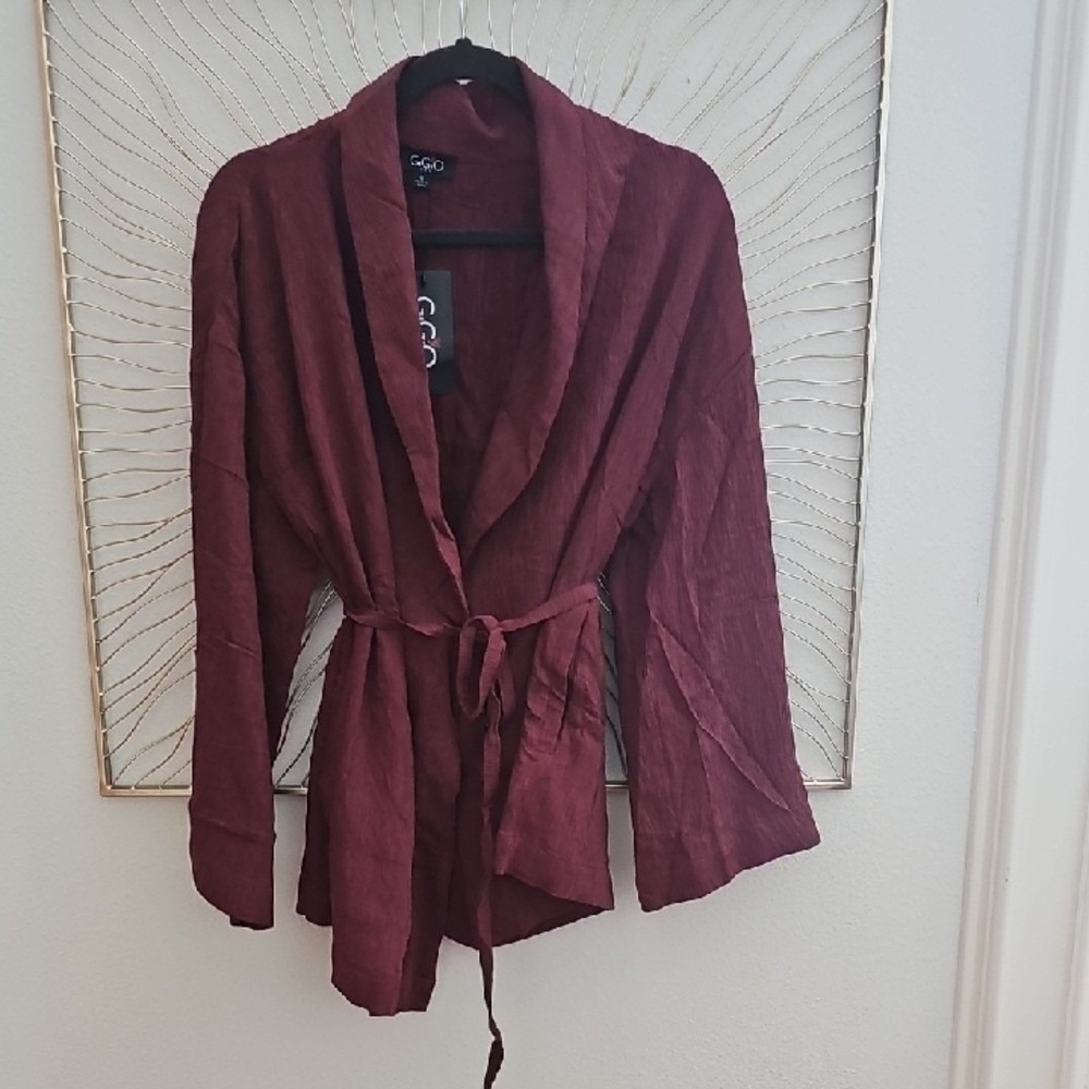 GIGIO USA‎ Burgundy Crinkle Wrap Jacket Wide Sleeve Belted Topper NWT Small